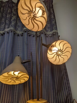 Atomic Mid Century Modern Triple Cone Brown Table Lamp Starburst Bullet Shades