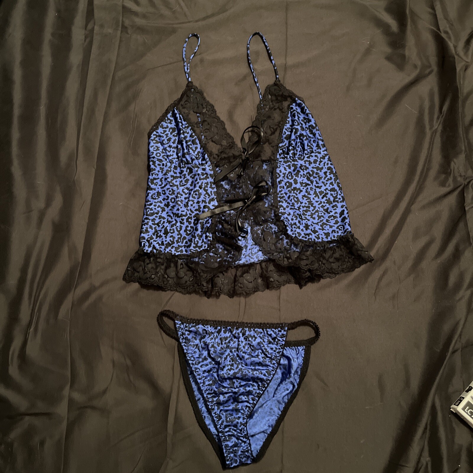 Vtg Alana Gale 2 Piece Blue Leopard Animal Print Lace Tie Front Lingerie Size S