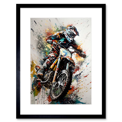 Motocross Racer Paint Splat Action Shot Portrait gerahmter Wandkunstdruck 9 x 7 Zoll