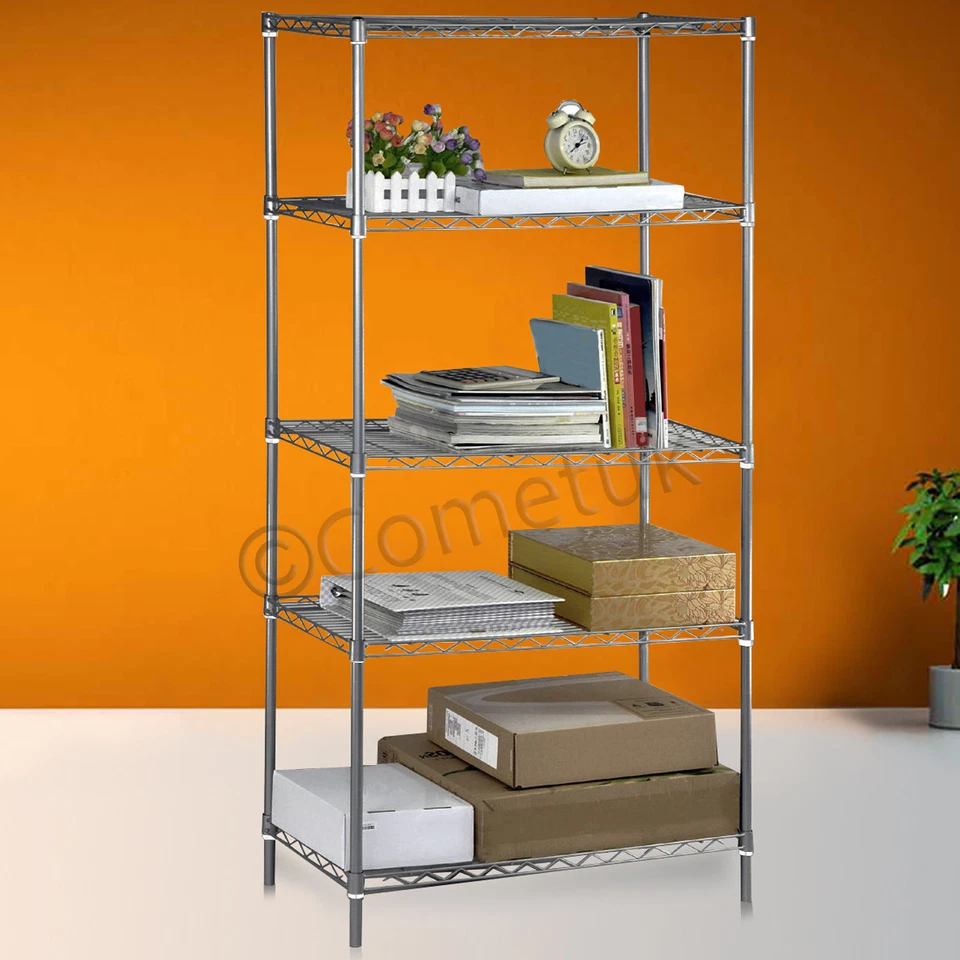 5 Tier Silver Metal Storage Rack Shelving Wire Shelf Kitchen Office Unit Stand. - Image 3 of 4