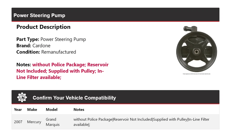Bomba de dirección asistida Cardone para Mercury Grand Marquis 2007 Foto 2 de 4