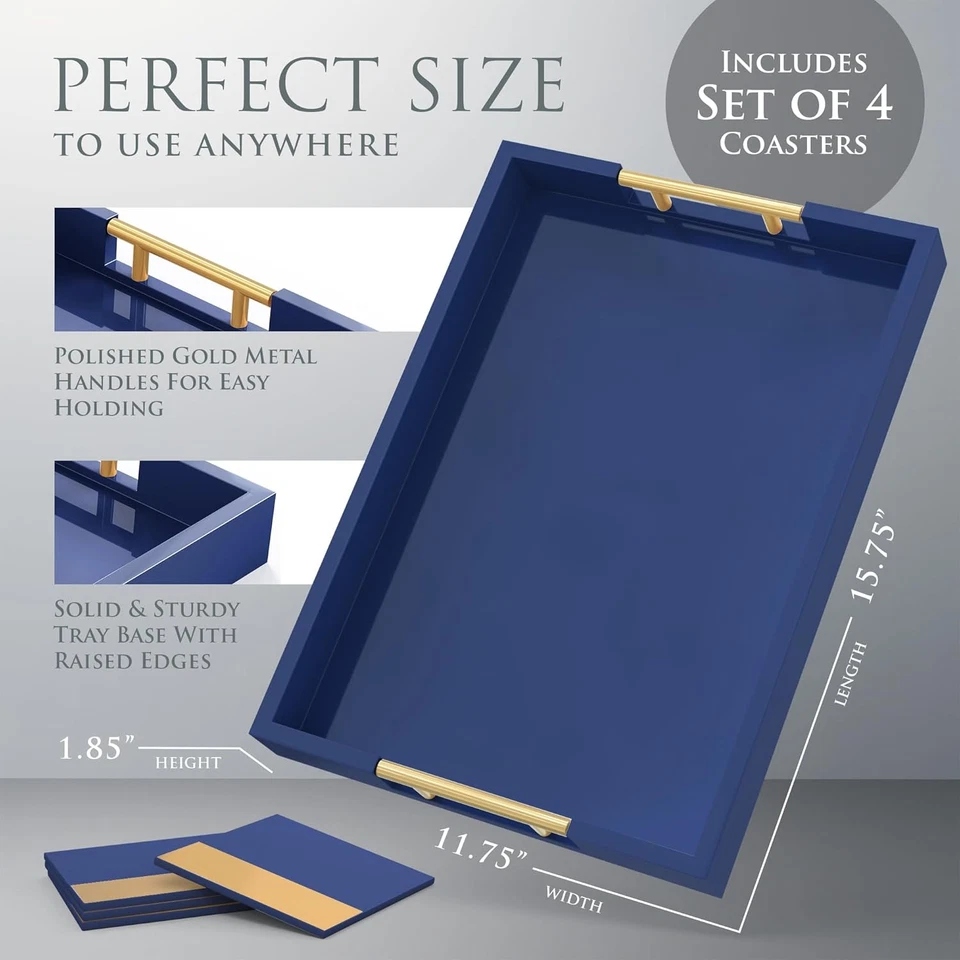 Navy Blue Serving Tray with 4 Matching Coasters, Decorative Gold Handles, Wooden - Image 2 of 4