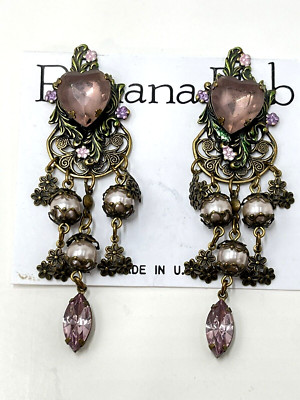 VTG Banana Bob Earrings Dangle Drop Clip Bronze Toned Austrian Crystals 3''