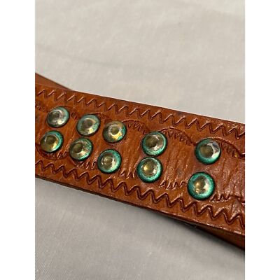 Tooled Leather Belt Metal Studs & Ram Head Coins Adjusts 28  display picture 1
