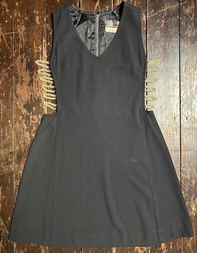 Vintage 60er John Marks schwarz Mini Polyester Mod Gold Kette Cut Out SELTEN Kleid XXS XS