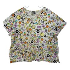 Smiley World Size 3XL Yellow With Fruit Pattern Scrub Top With Pockets Medical