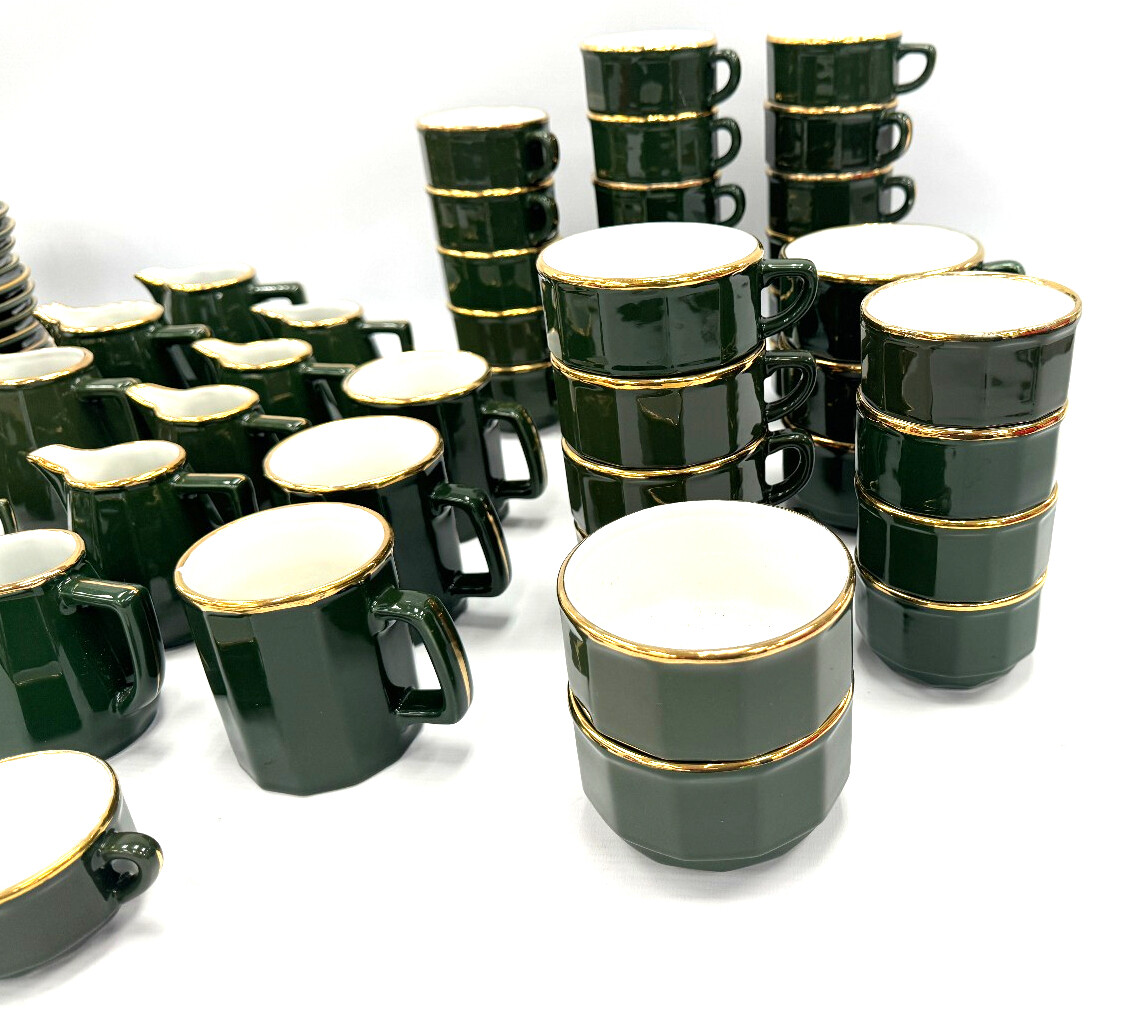 93pc APILCO France 12 Sided Green & Gold Rim Tea & Dinner Set W67 eBay