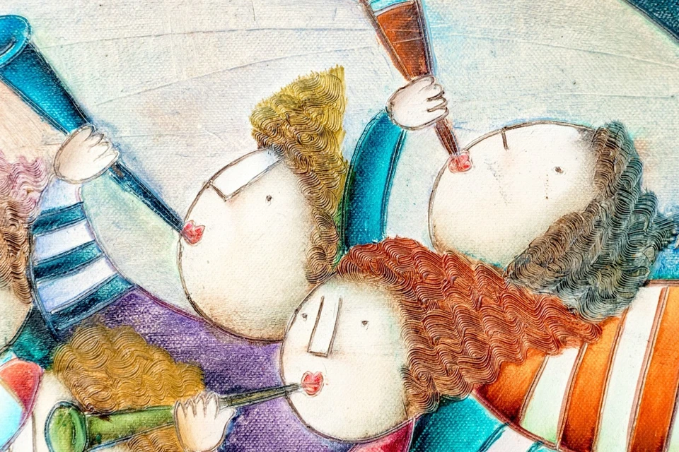 Joyce J. Roybal Niños Músicos Volando Pintura al Óleo (26x22) Reproducción Foto 3 de 4