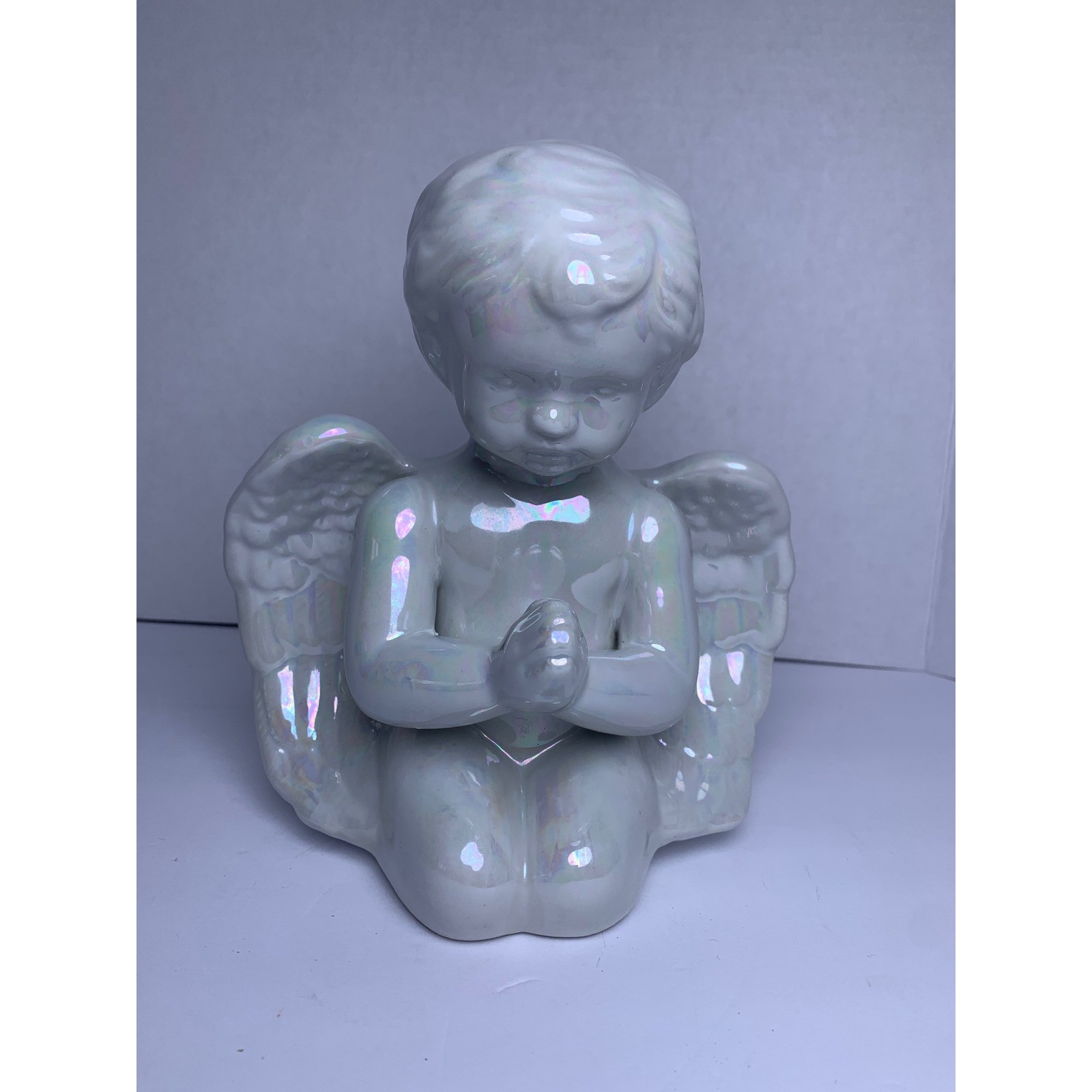 Vintage Iridescent Ceramic Praying Cherub Angel Figurine Pearlescent White 8