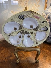 Majolica Oyster Plate Barbotine Shells Cream White Gold Trim