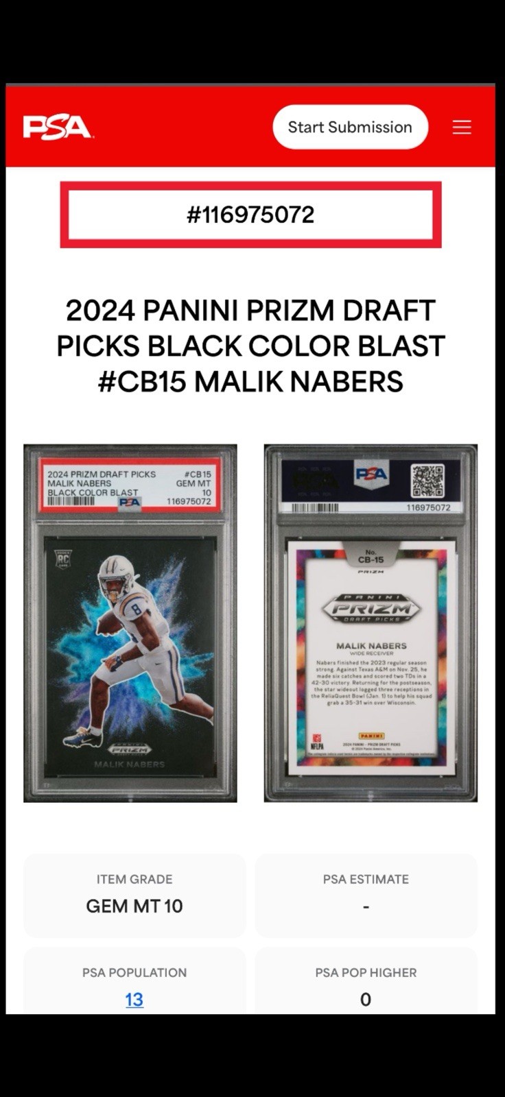 2024 Panini Prizm Draft Picks Black Color Blast Malik Nabers #CB15 PSA 10