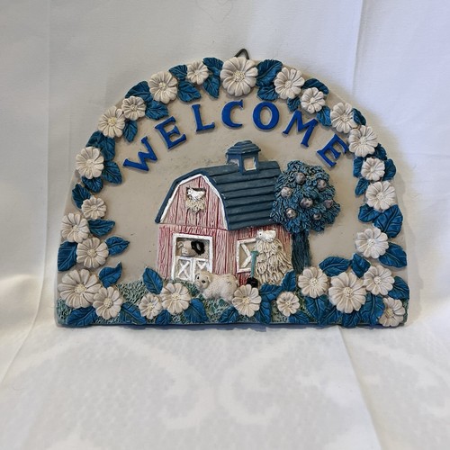 Vintage Farmhouse Welcome Wall Plaque Barn Sheep Floral Country Decor 9”