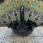 Vtg Fenton Glass Basket Thumbprint Pattern Deep Black #4438 8” x 8.5” EXCELLENT