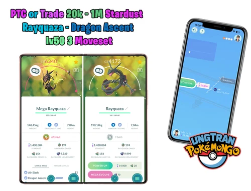 Shiny Rayquaza Level 50 - 3Moveset (Dragona Ascent) PTC  Tr-de 1M - 20k stardust