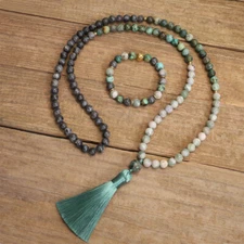 African Turquoise Labradorite 108 Mala Bead Prayer Tassel Yoga Necklace Bracelet