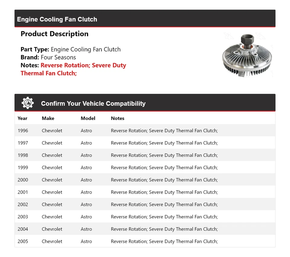 Embrague ventilador refrigeración motor Chevrolet Astro 1996-2005 4 estaciones 1997 1998 1999 Foto 2 de 4