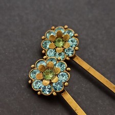 Michal Negrin Hairpin Lot 2 Light Blue Green With Swarovski Crystals Flower Gift