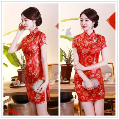Chinese Traditional Short Cheongsam Womens Silk Satin Dress Prom Qipao S to 6XL