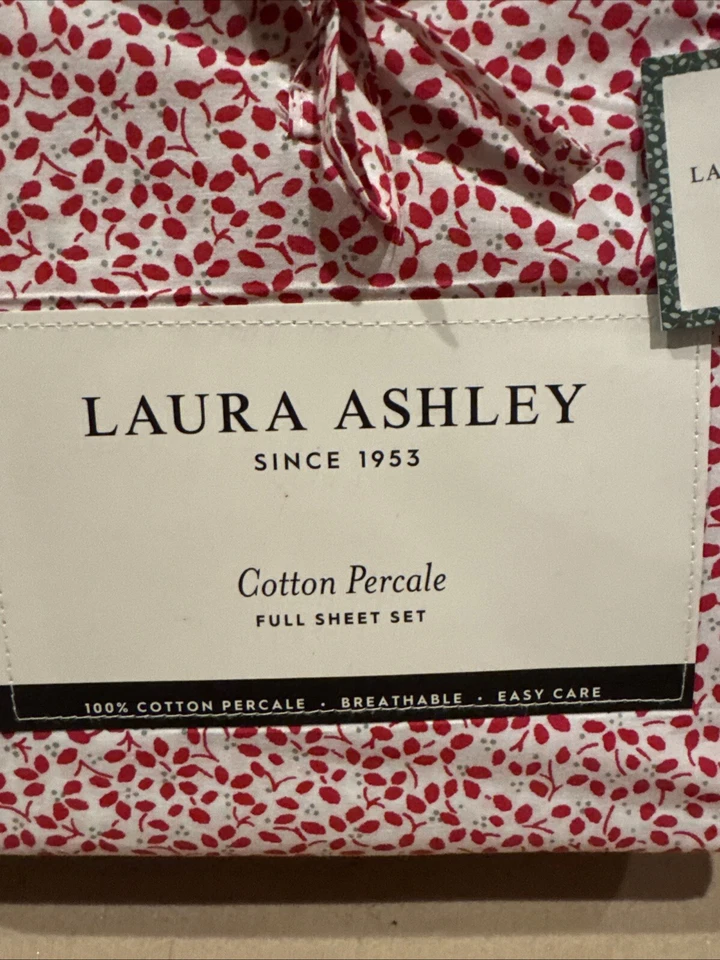 Laura Ashley Full Size Sheet Set Jolly Holly Red 4pc Farmhouse Chic Cottage NWT - Image 2 of 4