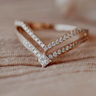 Women's Two Row V Shaped Wedding Band Ring Round Lab Created Diamond 925 Silver