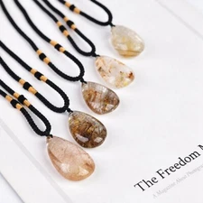 Natural Gold Rutilated Quartz Crystal Pendant Droplet Point Stone Amulet Charms