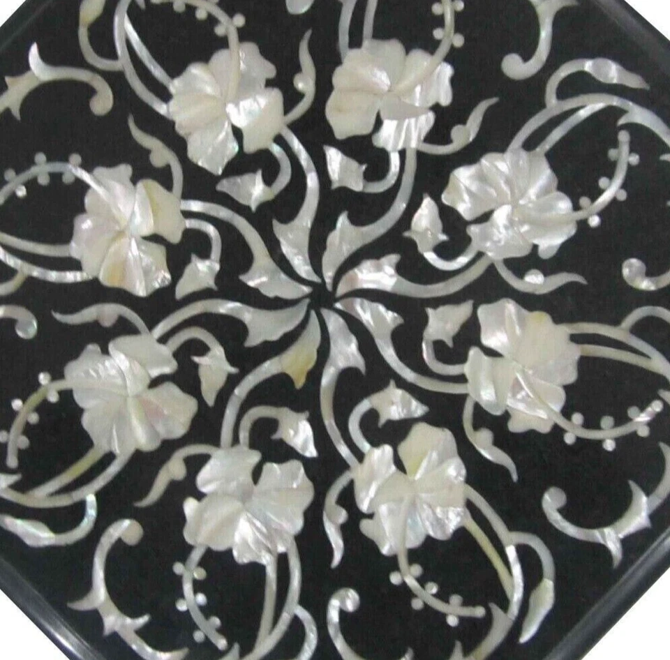 12 Inches Marble Office Side Table Top Mother of Pearl Inlay Work Coffee Table - Image 3 of 4