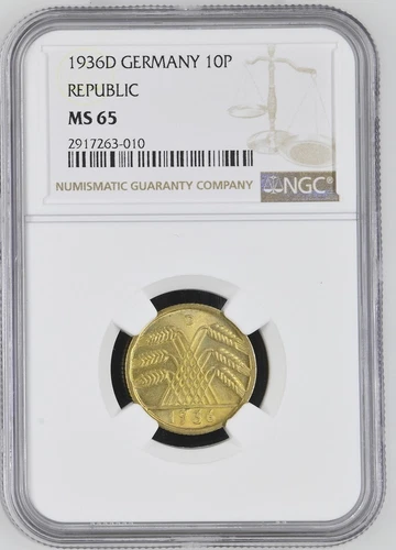 Germany Weimar Republic 1936 D 10 Reichspfennig, KM# 40, NGC MS 65