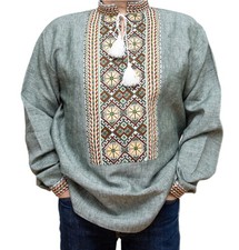 Ukrainian VYSHYVANKA for Men olive melange beige Linen shirt hand Embroidery