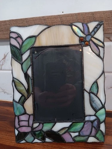 Vintage Tiffany-Style Stained Glass Picture Frame Dragonfly Rose Motif