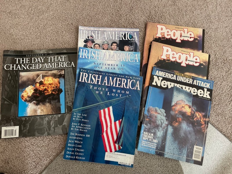 Assortment of 9/11 related magazines: People, Newsweek, Irish America