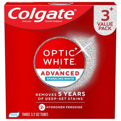Colgate Optic White Advanced Whitening Toothpaste 3 Pack Hydrogen Peroxide 3.2oz