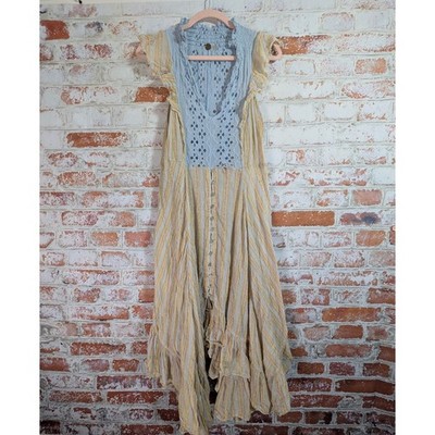 Free People FP One Dress Womens Medium Yellow Blue Boho Peasant Festival