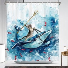 Funny Cat Shower Curtain Long Cute Fun Cool Riding Whale Ocean Wave Anime Kid...