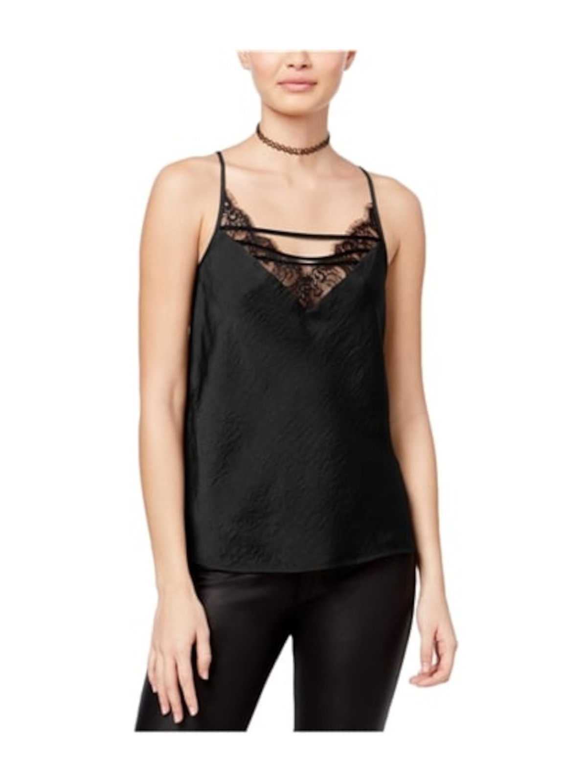 GYPSIES MOONDUST Womens Black Lace Lattice Spaghetti Strap V-Neck Cami Top