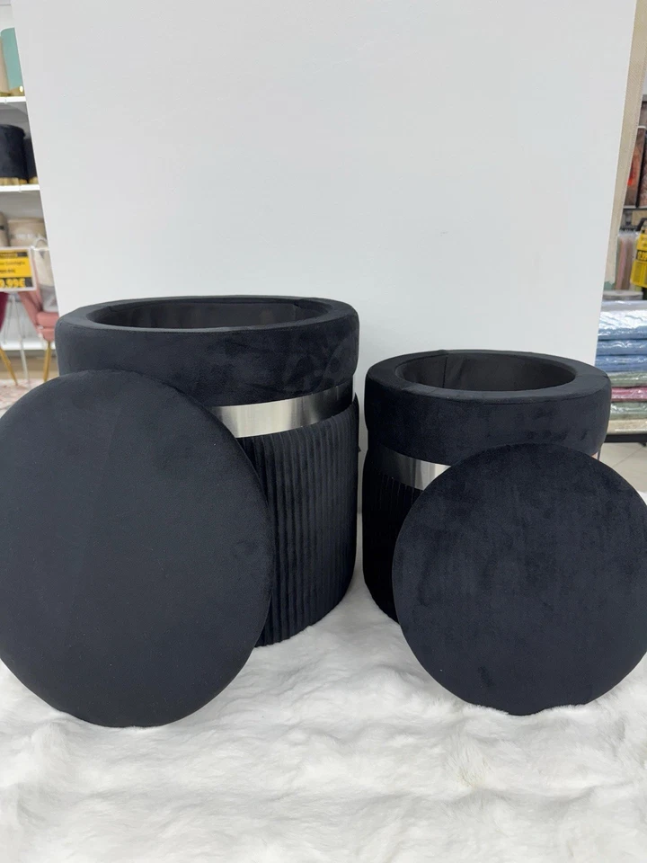 Set 2 Pouf Contenitore Velluto Nero Sgabello Poggiapiedi Con Argento - Immagine 4 di 4