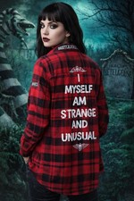 Image of Beetlejuice x Cakeworthy Lydia Flannel Shirt Red Plaid “I Myself Am Strange” S