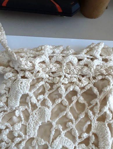 Antique Edwardian Irish Crochet Lace Reticule Purse Silk Lined Drawstring Bag  View 4