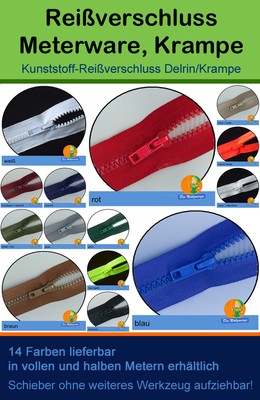 Zipper Delrin Krampe 6 mm in 3 Farben SCHIEBER für Reißverschluss Meterware