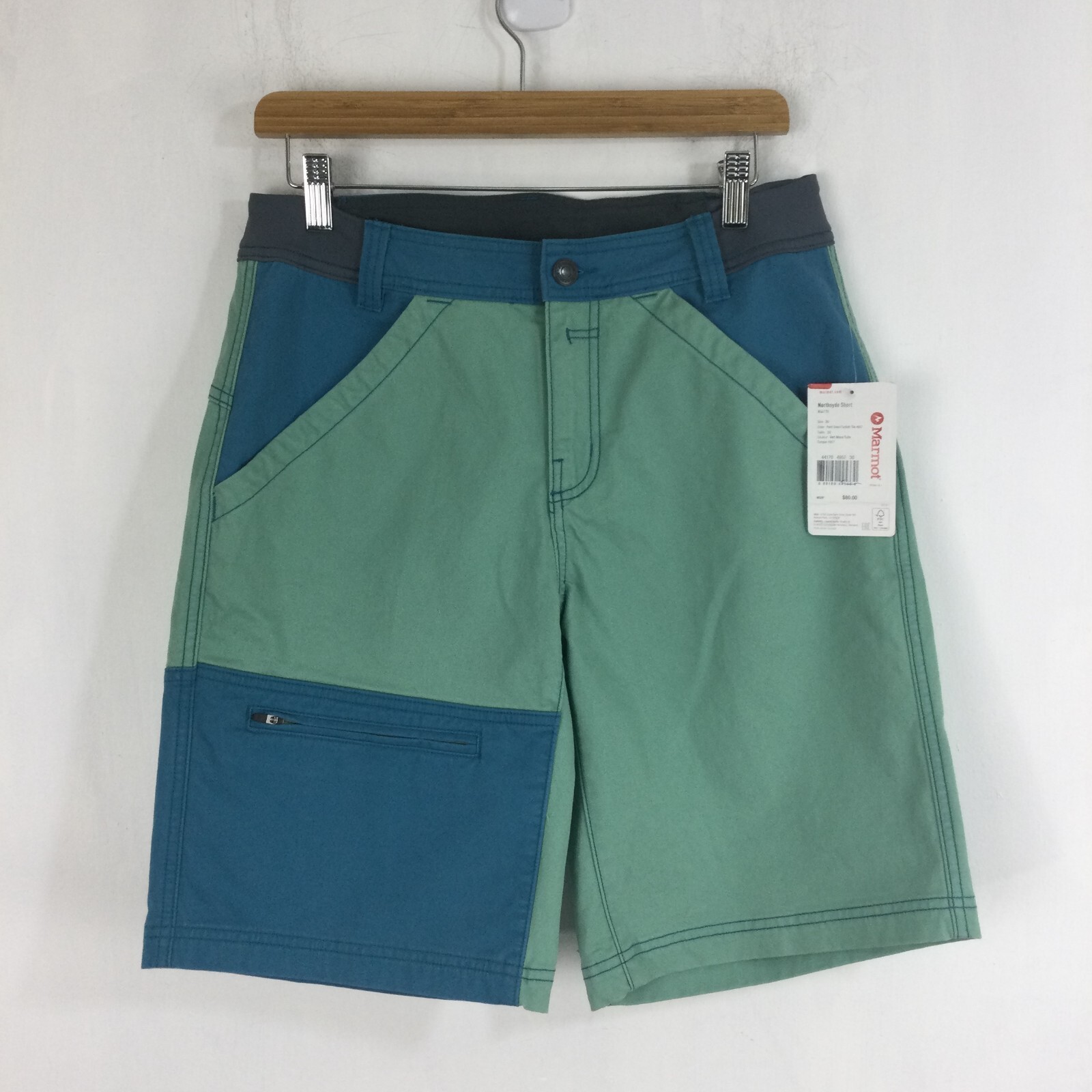 Marmot Northsyde Mens Cotton Blend Shorts Zip Pockets Shorts Blue Green