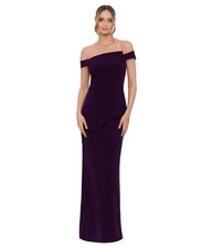 Xscape Long Pleated Scuba Off-The-Shoulder Dress Mulberry 14
