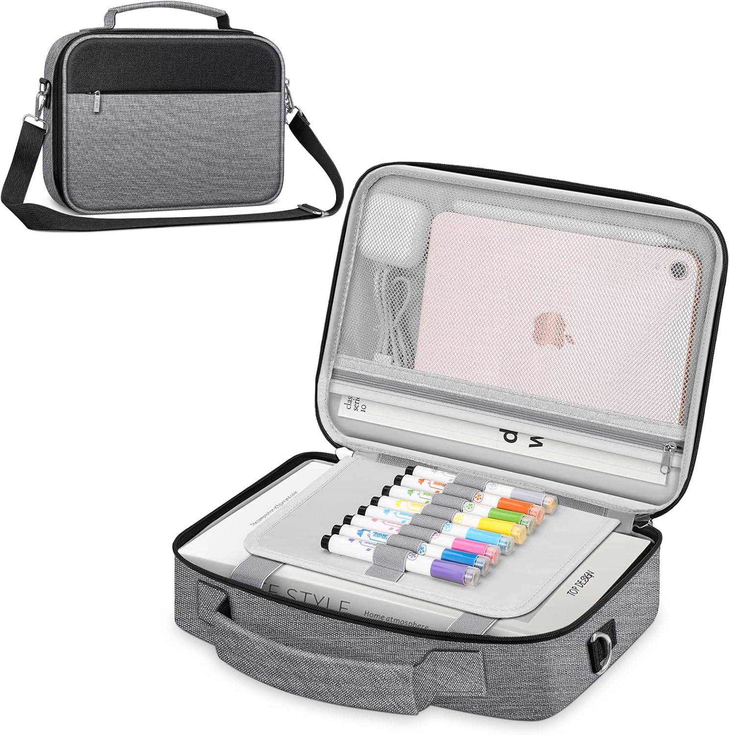 Bible Cover with Shoulder Strap, Gray Church Bag with Zipper Pocket & Pen Slots