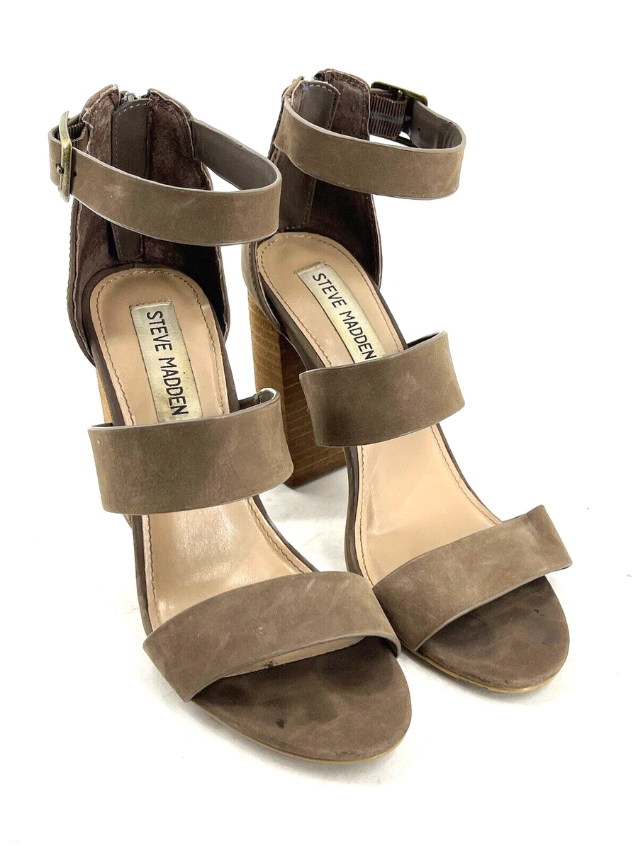 Steve Madden Brown Suede Leather Sunlight Strap Zip Stack Heel