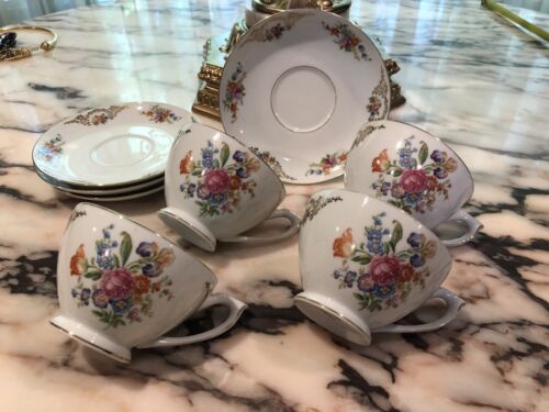 4 Vintage Dresden By Mikado China Cup’s & Saucers Made In Occupied Japan