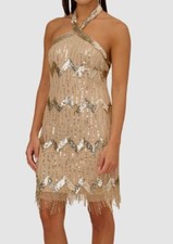 Aidan by Adrianna Papell Women's Beige Sequin Halter-Neck Mini Dress Size 8