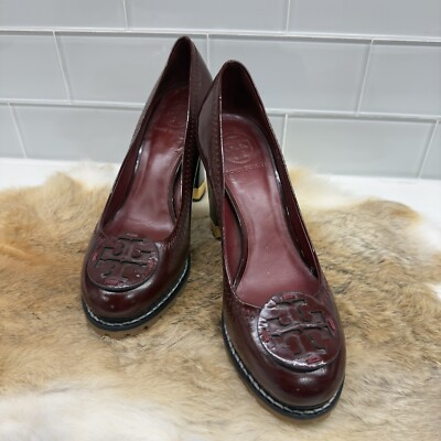 Tory Burch Leanne Lug Sole Pumps Burgundy Patent Leather High Heeled Shoes  M