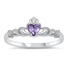 Claddagh Baby Ring Genuine Sterling Silver 925 Amethyst CZ Face Height 7 mm