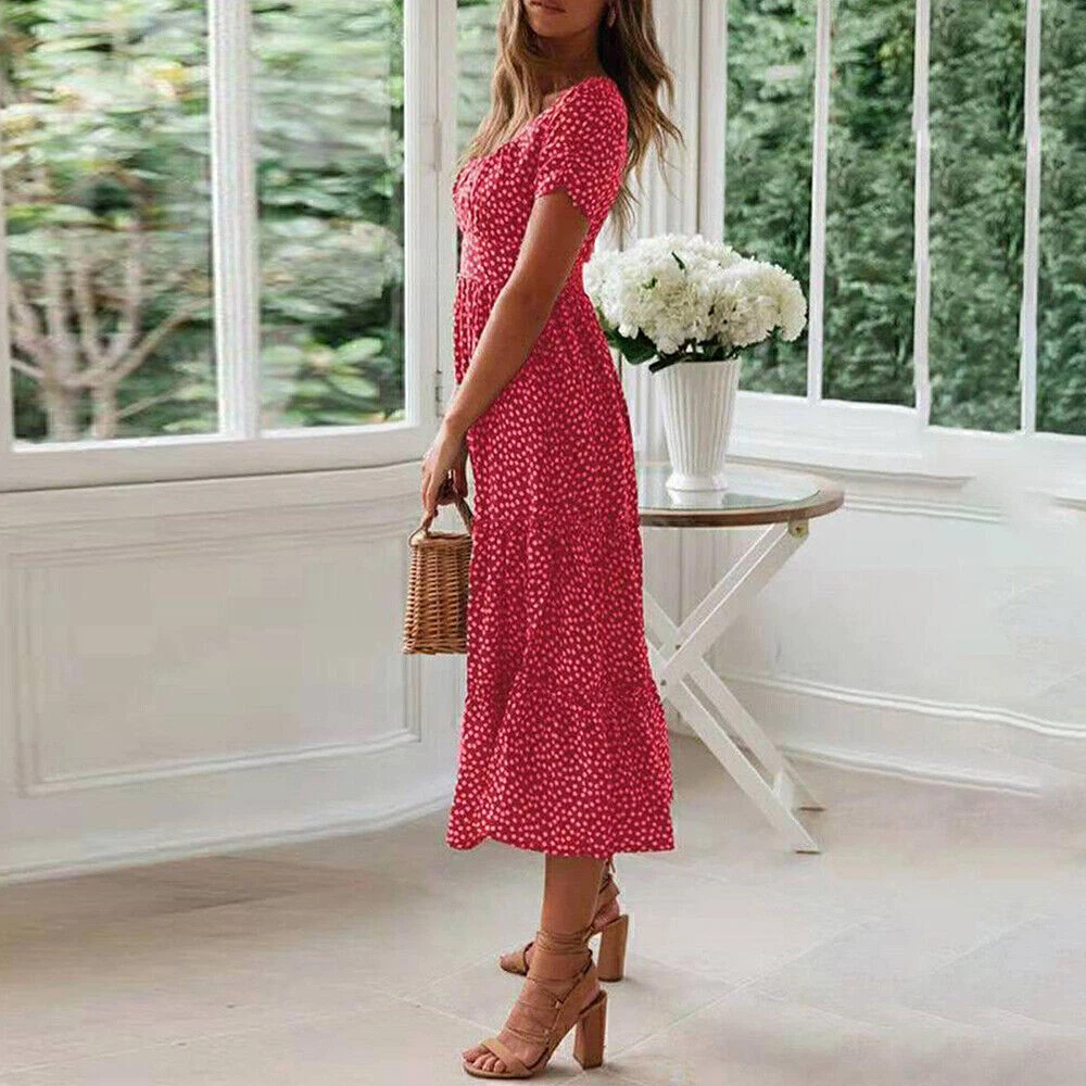 VALENTINO Abito midi donna boho floreale con volant prendisole estivo vacanza festa swing