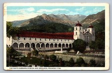 Postcard CA Santa Barbara Mission Exterior Grounds Mountains 1921 I867