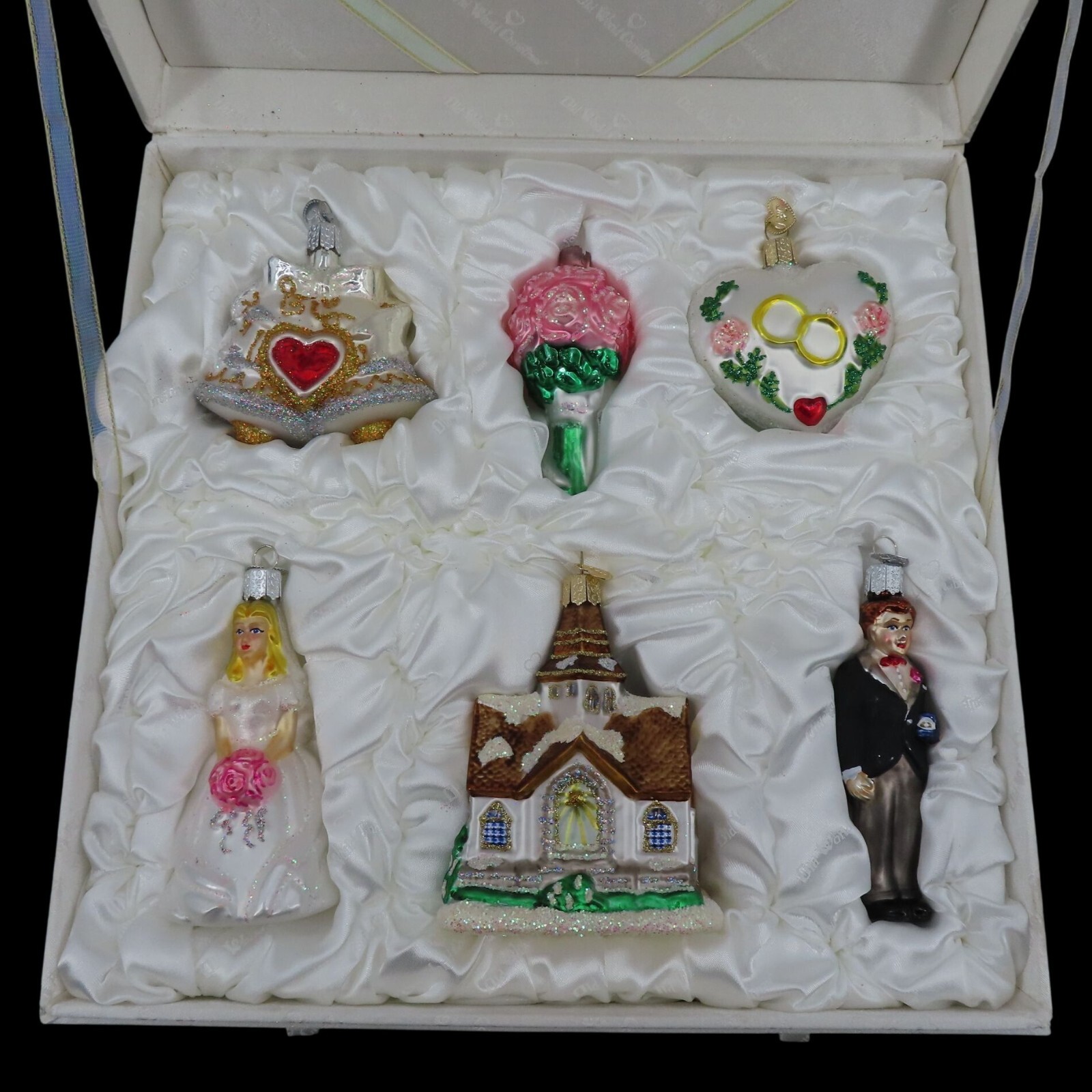 Old World Christmas Wedding Glittered Ornament Set Bridal Bride Groom Church OWC