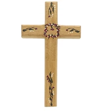 Wood Painted Fuchsia Flowers Cross Wall Hanging Red White Dots Floral Vintage